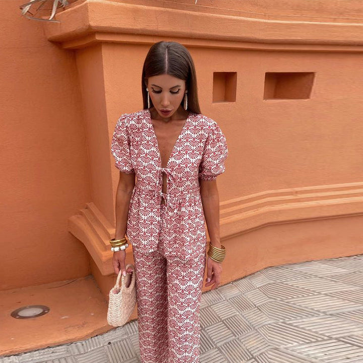 Holly - Printed Tie-up Top and Trouser Set