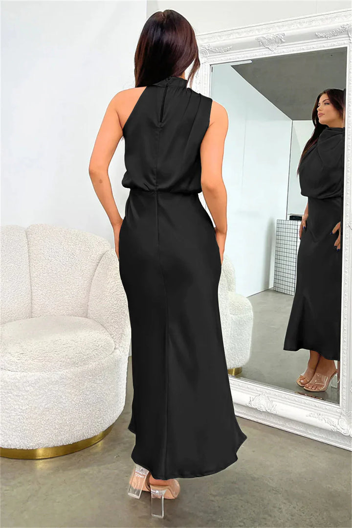 Azmara – Elegant Halter Neck Satin Maxi Dress