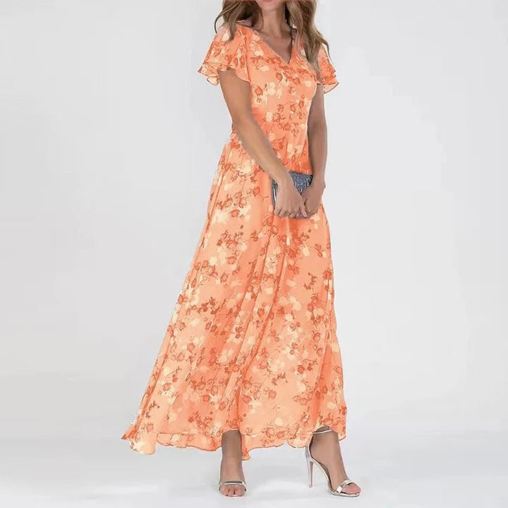 Saffron - Elegant Ruffle Short Sleeve Flowy Dress