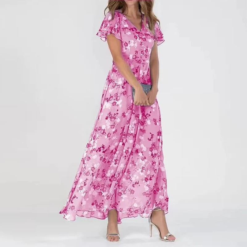 Saffron - Elegant Ruffle Short Sleeve Flowy Dress