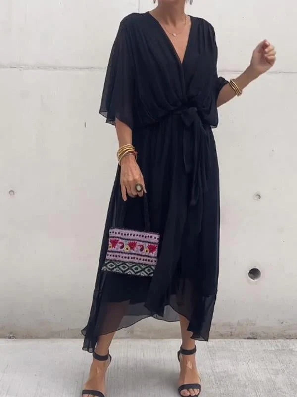 Ainsley - V Neck Long Batwing Sleeve Asymmetrical Party Dress