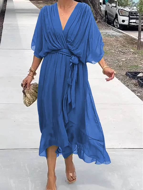 Ainsley - V Neck Long Batwing Sleeve Asymmetrical Party Dress