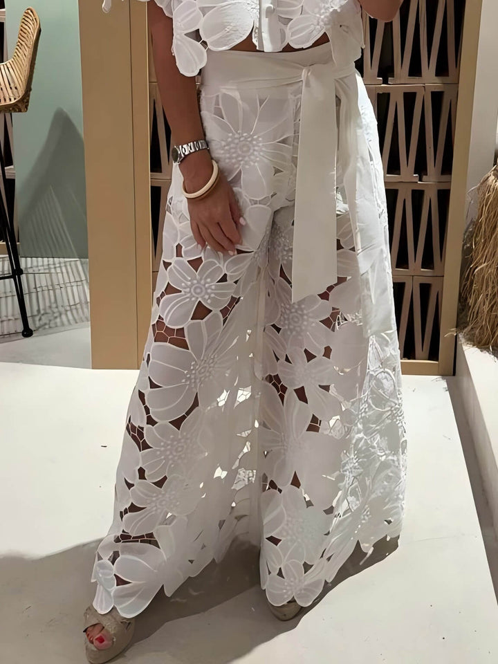 Evania - Floral Embroidered Hollow Lace Wide-Leg Pants