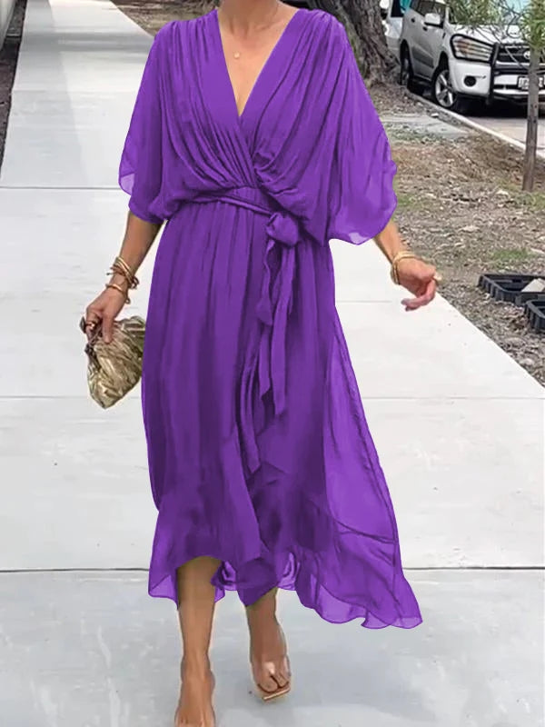 Ainsley - V Neck Long Batwing Sleeve Asymmetrical Party Dress