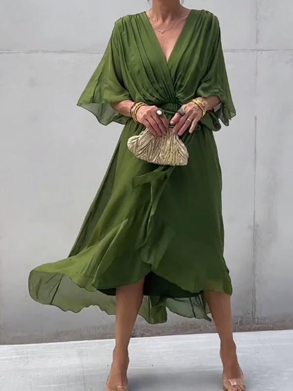 Ainsley - V Neck Long Batwing Sleeve Asymmetrical Party Dress