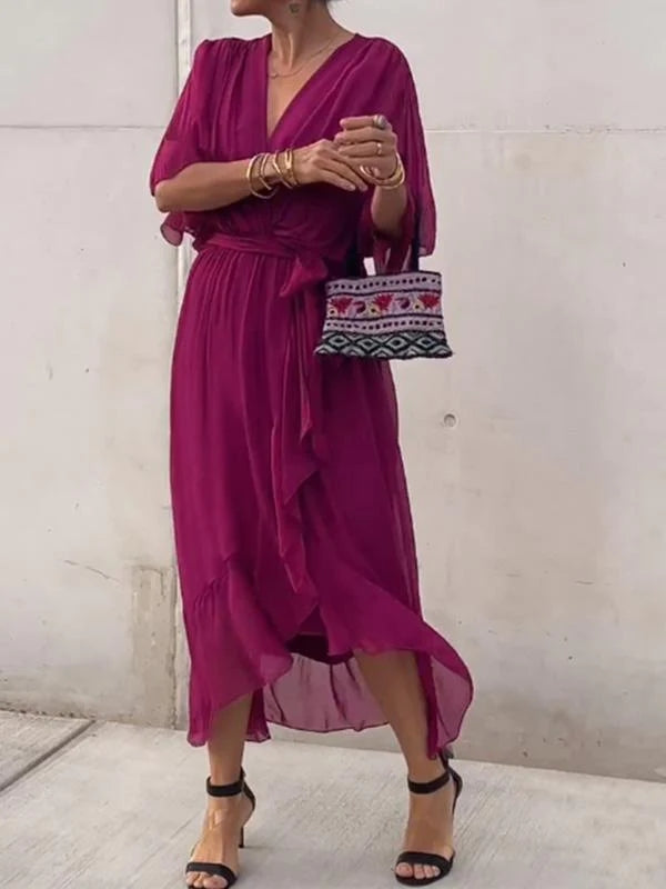Ainsley - V Neck Long Batwing Sleeve Asymmetrical Party Dress
