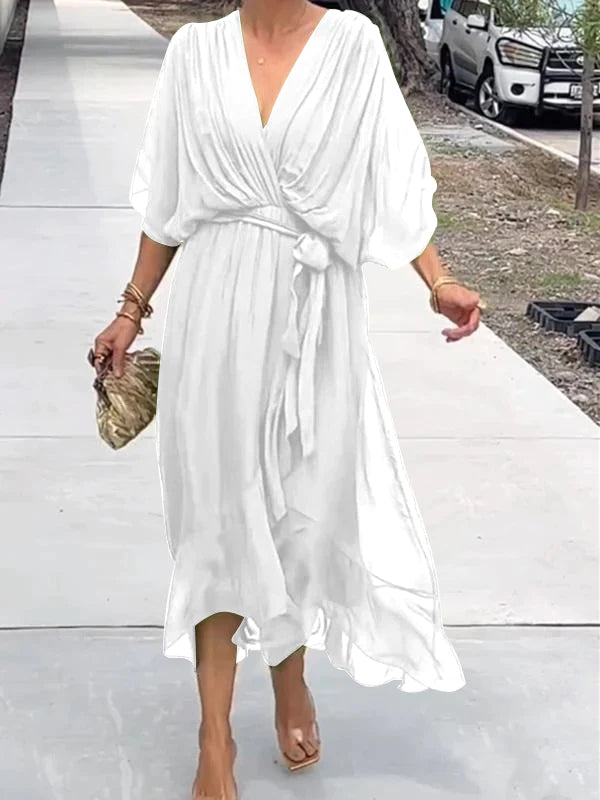 Ainsley - V Neck Long Batwing Sleeve Asymmetrical Party Dress