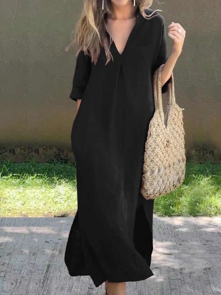 Ishael - Solid V-Neck Linen Long Loose Fit Dress