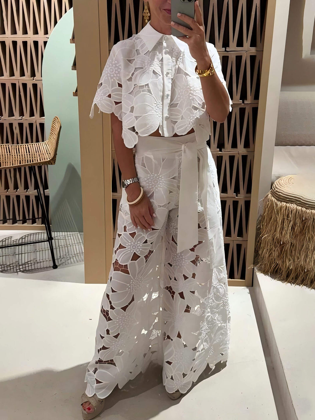 Evania - Floral Embroidered Hollow Lace Wide-Leg Pants