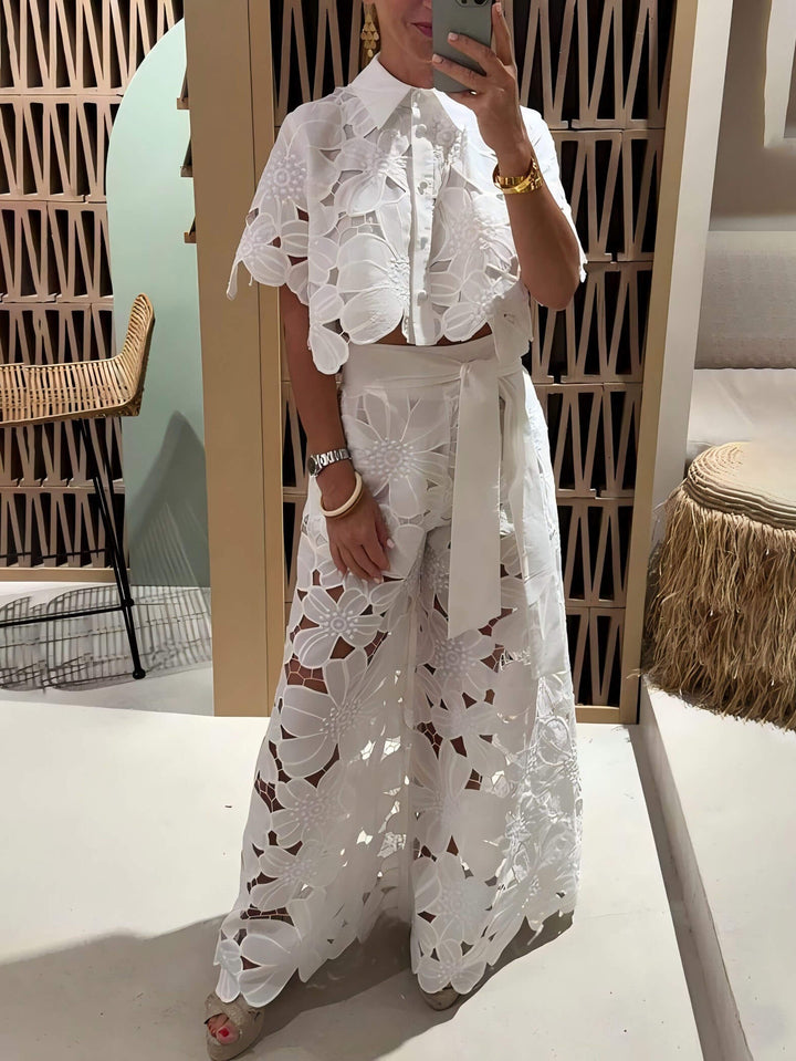 Evania - Floral Embroidered Hollow Lace Wide-Leg Pants