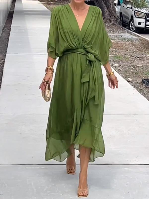 Ainsley - V Neck Long Batwing Sleeve Asymmetrical Party Dress