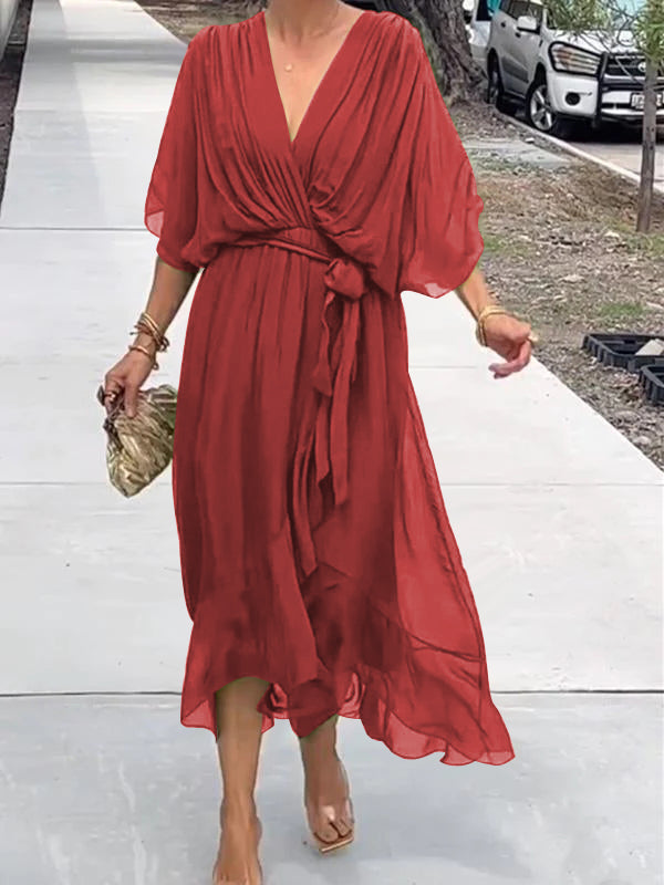 Ainsley - V Neck Long Batwing Sleeve Asymmetrical Party Dress