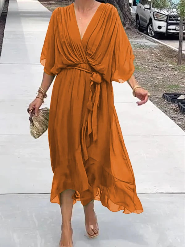 Ainsley - V Neck Long Batwing Sleeve Asymmetrical Party Dress