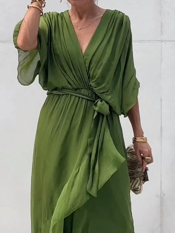 Ainsley - V Neck Long Batwing Sleeve Asymmetrical Party Dress