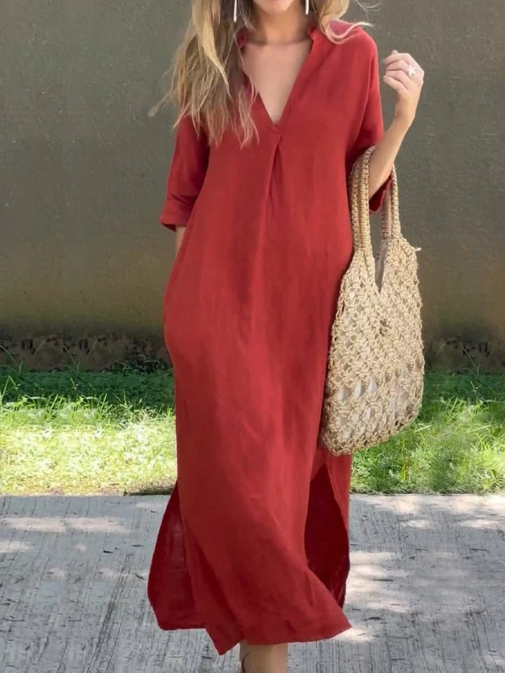 Ishael - Solid V-Neck Linen Long Loose Fit Dress