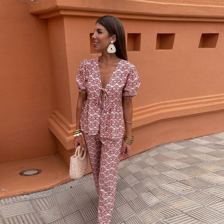 Holly - Printed Tie-up Top and Trouser Set