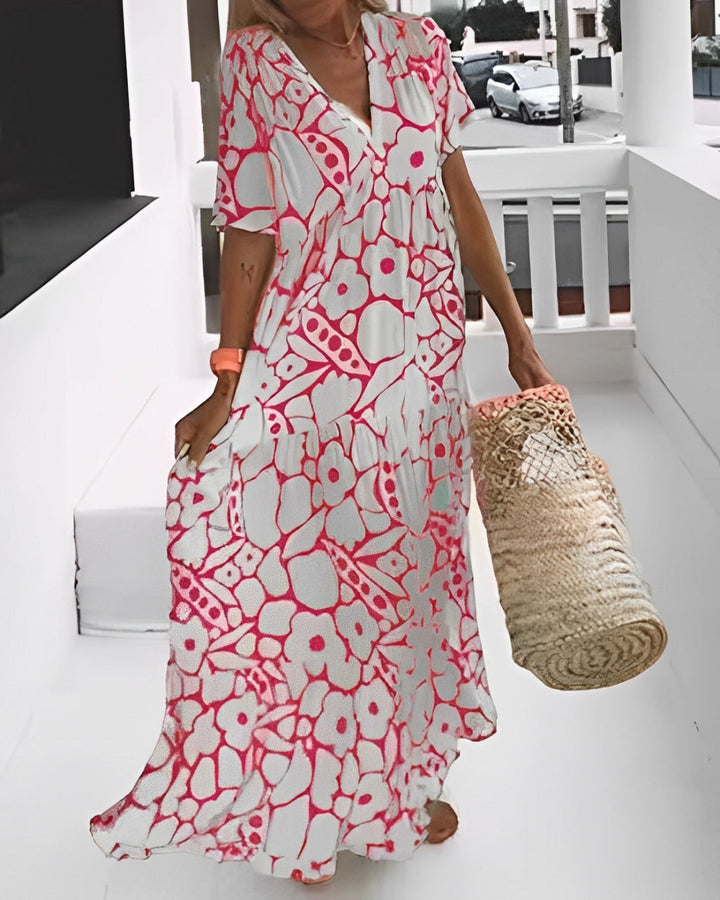 Flora - Relaxed Floral Deep V-Neck Long Dress
