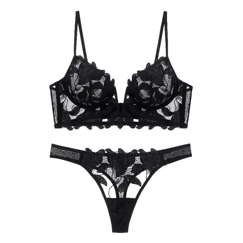 Darcy - Lace Embroidery Deep V Bra And Panty Set