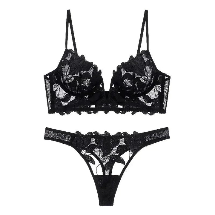 Darcy - Lace Embroidery Deep V Bra And Panty Set